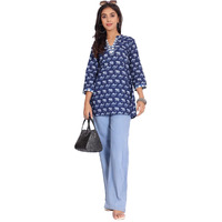 Varanga Ethnic Motifs Printed Notch Neck Cotton A-Line Kurti Blue
