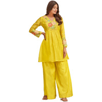 Varanga Floral Thread Embroidered Yoke Flared Kurta With Palazzo