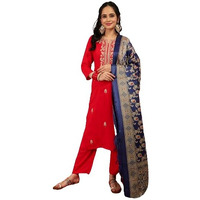 Varanga Women Red Placement Design Zari Embroidered Kurta With Three Quarter Sleeves Paired With Tonal Bottom And Contrast Printed Dupatta