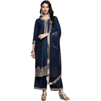 Varanga 's Round Neck Embroidered Kurta With Tonal Bottom And Dupata