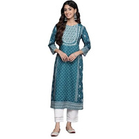 Teal Placement Printed Kurta With Round Neckline,Three Quarter Sleeves,Calf Length Straight Kurta,Side Slit,Straight Hemline.