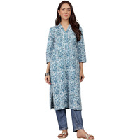Varanga Women Floral Printed V Neck Kurta Blue