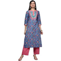 Varanga Blue Floral Printed Straight Kurta With Three Quarter Sleeves