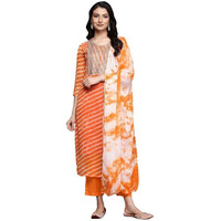 Varanga Women's Orange Leheriya Zari Embroidered Kurta Set With Dupatta