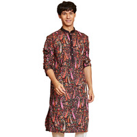 Vastramay Men's Black Crepe Kurta - This Men's Printed Kurta Showcases A Striking Multicolor Paisley And Floral Print, Creating A Bold And Stylish Look.