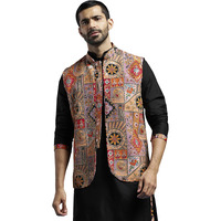 Vastramay Men's - Nehru Jacket | Allover Printed Embroidered Sequiend Nehru Jacket For Men | Perfect For Navratri