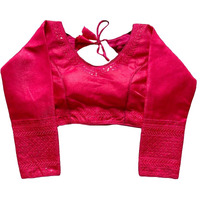 Vihu Fashion Milan Silk Full Sleeve V Neck Multi Embroidery Trendy Saree Blouse(Rukmini Pink 42)