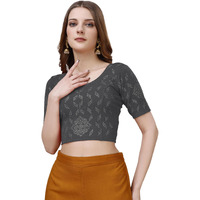 Vihu Fashion Women's Readymade Hosiery Lycra Stretchable Round Neck Half Sleeve Blouse With Swaroski Work Fancy Lycra Stretchable Smoky Gray Blouse For Women Readymade Saree Blouse