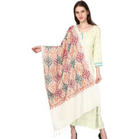 Weavers Villa Women's Wool Blend Full Embroidery Matka Shawls,Stoles (White), 70Cm X 200Cm
