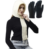 Set Of Weavers Villa Snow Proof Inside Fur Acro Wool Unisex Cap With Attached Neck Warmer Muffler Thick Fleece Lined Winter Cap And Gloves For Women, Free Size (In, Alpha, Free Size, Cream)