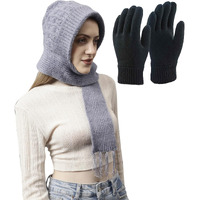Set Of Weavers Villa Snow Proof Inside Fur Acro Wool Unisex Cap With Attached Neck Warmer Muffler Thick Fleece Lined Winter Cap And Gloves For Women, Free Size (In, Alpha, Free Size, Grey)