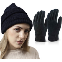 Weavers Villa Set Of Snow Proof Inside Fur Acro Wool Unisex Beanie Cap Knit Hat Thick Fleece Lined Winter Cap And Gloves For Men & Women, Free Size (In, Alpha, Free Size, Navyblue)