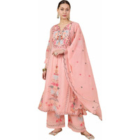 Wedani Goergette Embroidered Kurta Set For Women Peach