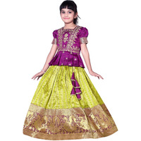 White Button Faux Silk New Latest Girl's Pattu Pavadai Readymade Lehenga Choli For Girls Dress, Purple