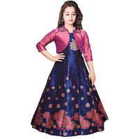 White Button New Digital Printed Art Silk Jacket Style Gown For Girls Maxi Dress (10-11 Years, Pink).