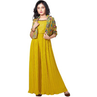 White Button New Lemon Sequence Work With Floral Print Jacket Style Indowestern Palazzo Set For Girls (7-8 Years)