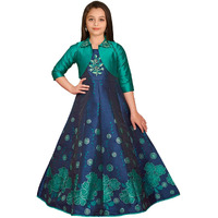 White Button New Digital Printed Art Silk Jacket Style Gown For Girls Maxi Dress (11-12 Years, Green).