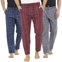 Xyxx Men's Super Combed Cotton Checkered Checkmate Pyjamas [Pack Of 3] Elasticated Waist, Drawstring | Loungewear For Men In Grey, Pink & Red Checks