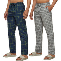 Xyxx Men's Super Combed Cotton Checkered Checkmate Pyjamas [Pack Of 2] Elasticated Waist, Drawstring | Loungewear For Men In Grey, Lime Checks
