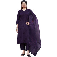 Womanista Women's Cotton Blend Kurta With Trouser & Dupatta (Kurtaset_1416_Dark Purple