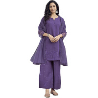 Womanista Women's Silk Blend Solid Regular Curved Kurta With Pant & Dupatta (Kurtaset_1435_Purple