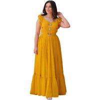 Xomantic Fashion Womens Red Color Multi Thread Embroidery Georgette Long Full Flair Gown Festival Wear Gown (In, Alpha, M, Regular, Standard, Yellow)