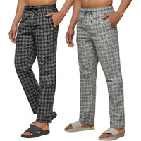 Xyxx Men's Super Combed Cotton Checkered Checkmate Pyjamas [Pack Of 2] Elasticated Waist, Drawstring | Loungewear For Men In Black, Grey Checks