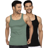Xyxx Men Combed Cotton Vest, Regular Fit, Solid, Pack Of 2, Xygvest2Pckn14M, Olive Green+Black Knight, M