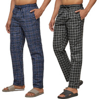 Xyxx Men's Super Combed Cotton Checkered Checkmate Pyjamas [Pack Of 2] Elasticated Waist, Drawstring | Loungewear For Men In Black, Blue Checks