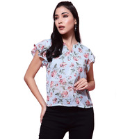 Oomph! Women's Georgette Printed Top With Keyhole Neck And Flutter Sleeve