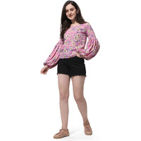 Pink Floral Print Blouson Top In Crepe Fabric With Round Neck And Full Sleeve