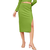 Oomph! Ribbed Lycra Pencil Skirt With Side Slit For Women Green - Msk126