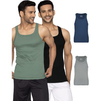 Xyxx Men Combed Cotton Vest, Regular Fit, Solid, Pack Of 4, Xygvest4Pckn04M, Olive Green+Black Knight+Ash Grey+Midnight Blue, M