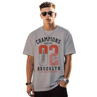 Peppyzone 100% Cotton Number Typography Printed Down Shoulder Tshirt For Men - Oversize Fit, Round Neck (S, Grey5)