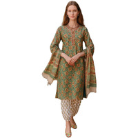 Yashika Floral Regular Women's Cotton Blend Printed Kurta With Pants And Dupatta Set (Az-Ys-Ks2137_Cg3_Green