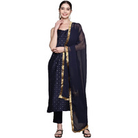 Ziyaa Women's Navy Blue Chinon Straight Kurta Pant And Dupatta Set