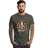 Peppyzone Men's Pure Cotton Regular Fit Ganesh God Printed T Shirts For Men - Round Neck, Half Sleeves (2Xl, Olive)