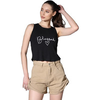 Om Sai Latest Creation Crop Tops For Women || Ribbed Solid Chest Printed Crop Top For Girls || Text & Hart Print With Round Neck & Sleeveless Crop Top For Women || Tank Top. (X-Large, Black)