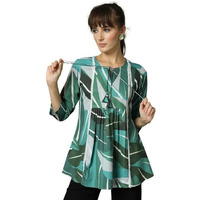 Oomph! Lace Border,Kashmiri Tunic Top, Short Kurti For Women On Jeans, V-Neck, 3/4 Sleeve, Floral Design Bottle Green