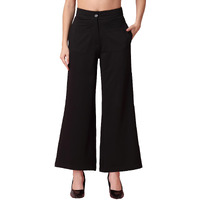 Oomph! Women Trouser | Wide Leg High Waist Trousers | Solid Formal & Casual Pants With Front Patch Pockets | Officewear, Travel, Lounge Bottom | Desk-To-Dinner | Easy Care Jet Black