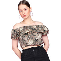 Popwings Casual Off-Shoulder Crop Top For Women| Printed Crop Top For Women | Off-Shoulder Crop Top For Women Stylish | Women Tops Stylish Black