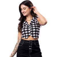 Popwings Black & White Printed Button Clousre V Neck Sleeveless Waistcoat Crop Top