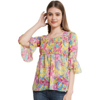 Popwings Printed Chiffon Peplum Tops For Women || 3/4Th Sleeves Square Neck Women Tops For Summer || Stylish Western Smocking Women Tops Yellow