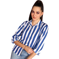 Popwings Stripe Printed Crepe Shirt For Women Stylish Western Casual Regular Fit Full Sleeves Shirts For Women