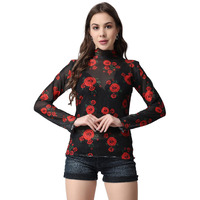Popwings Women's Polyester Casual Black Turtle Neck Full Sleeves Floral Printed Sheer Sweater, Small
