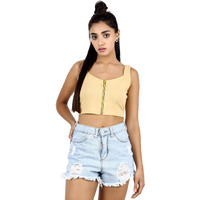 Popwings Solid Casual Sleeveless Regular-Fit Crop Tops For Women With Front Chain| Crop Tops For Women Stylish Western Summer Wear Golden