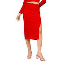 Oomph! Ribbed Lycra Pencil Skirt With Side Slit For Women Red - Msk129