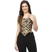 Popwings Polyester Casual Printed Satin Scarf Knot Style Latest Stylish Crop Top For Women || Square Neck Sleeveless For Summer Black Golden, Regular Fit, Medium