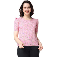 Popwings Casual Printed Puff Sleeves Round Neck Top For Women || Stylish Latest Summer Tops For Women || Hip-Length Women Top Light Pink
