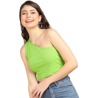 Popwings Women Casual Lime Green Self Design Rib One Shoulder Sleeveless Crop Top
